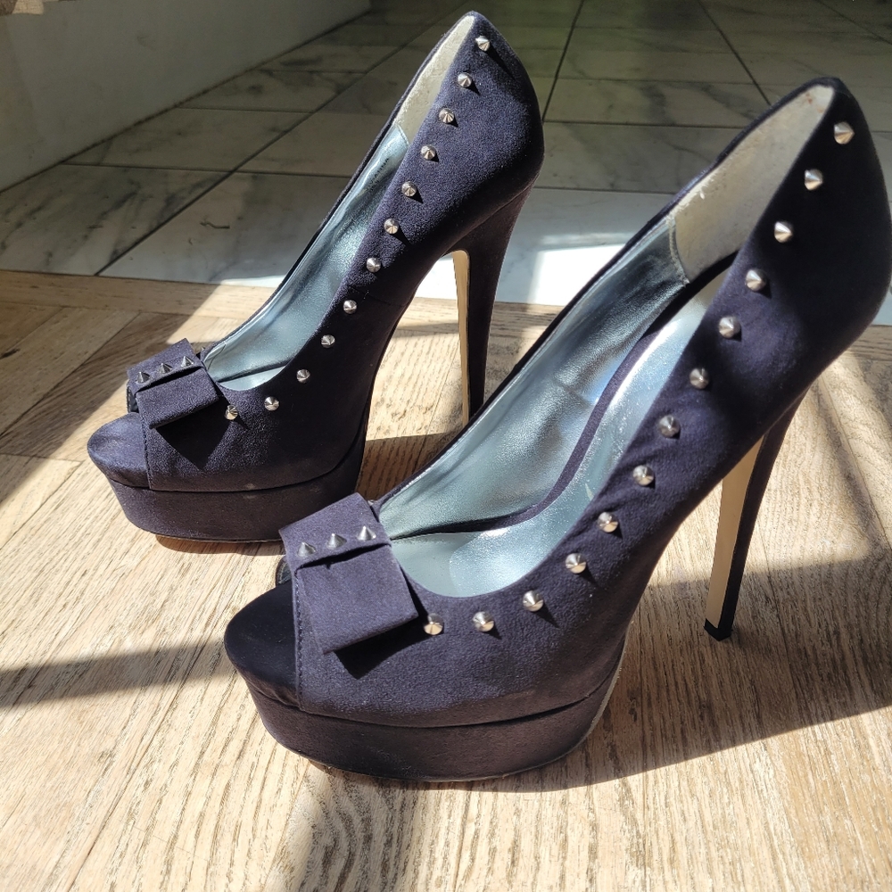 Black studded platform peeptoe heels